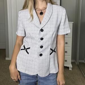 White and black plaid peplum blazer with bow detailing #preppy